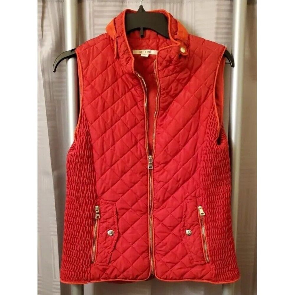 Miami Red Rouge Full Zip Lightweight Quilted Ribbed Trim Vest Women Small